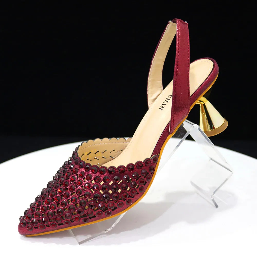 Venus Chan High Heels for Lady Luxury Designer Green Color Full Diamond Pointed Toe Wedding Shoe and Bag Set for Party Only shoes Wine