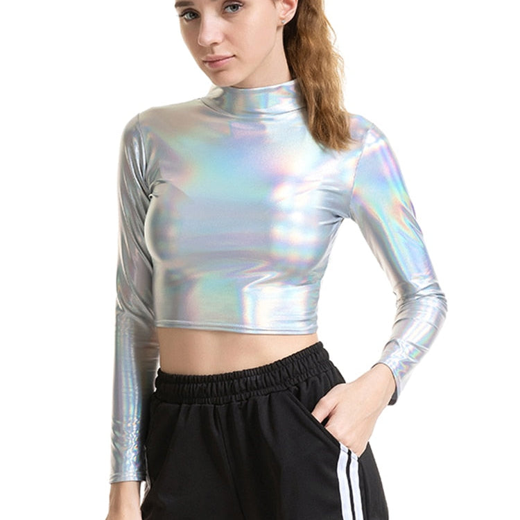 PU Short Top Women Shiny Leather Top High Street Turtleneck Dance Clubwear Long Sleeve Tops Gold Silver Costumes T shirt