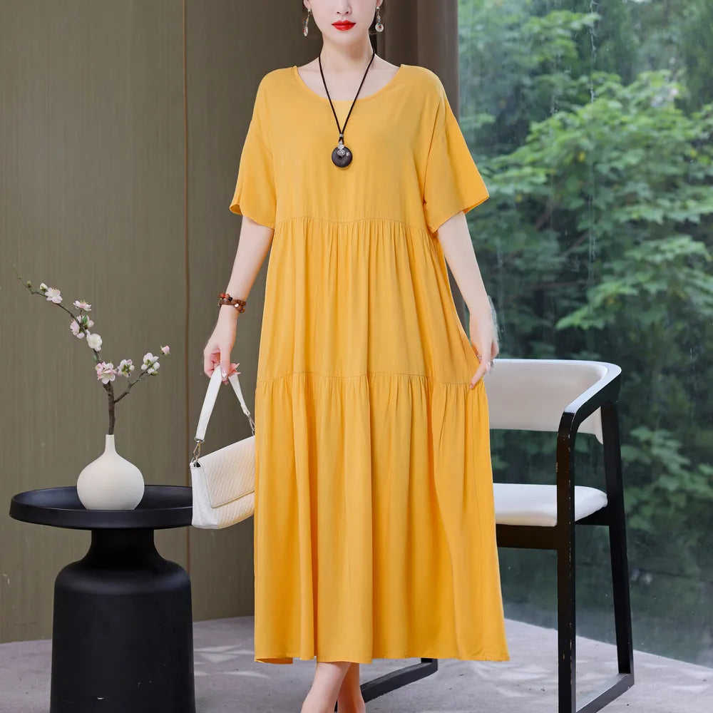 New Fashion Causal Summer Dresses For Women Loose Solid Long O-neck Dress Vintage Short Sleeve Womens Clothing Yellow