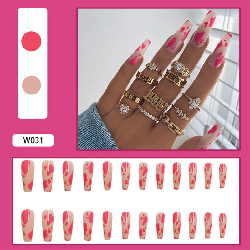 24Pcs/Box White French Fake Nails Press on Long XL Length Rhinestone Design False Nails Full Cover Acrylic Nail Tips JZJ-W031