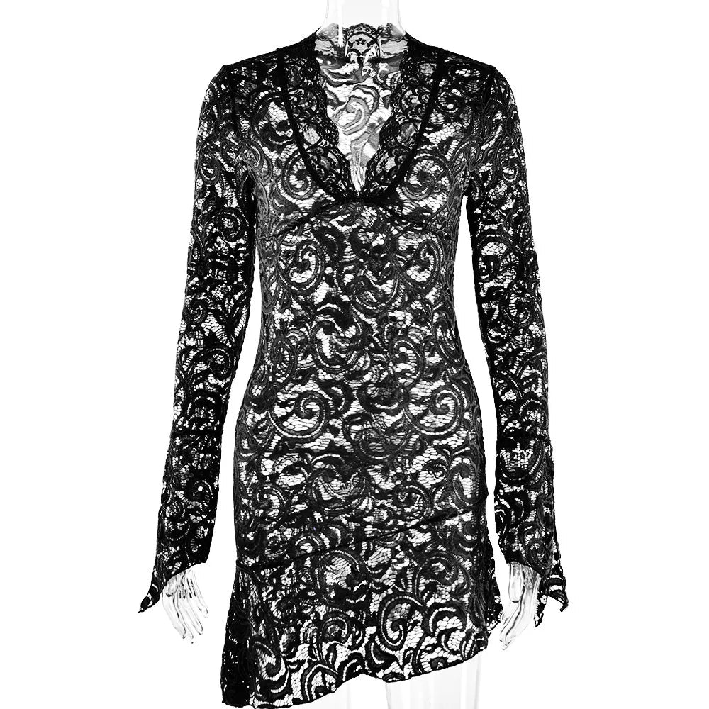 Sexy See Through V-neck Longsleeve Lace Mini Dress Women Summer Skinny Hollow Out Dresses Club Party Clothes black