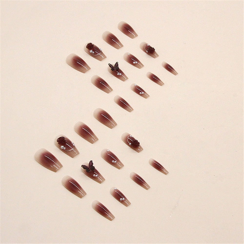 Trendy Crystal 3D Butterfly False Nail Tips Elegant Camellia Ballerina Manicure French Coffin Fake Nails Set Press on Nails