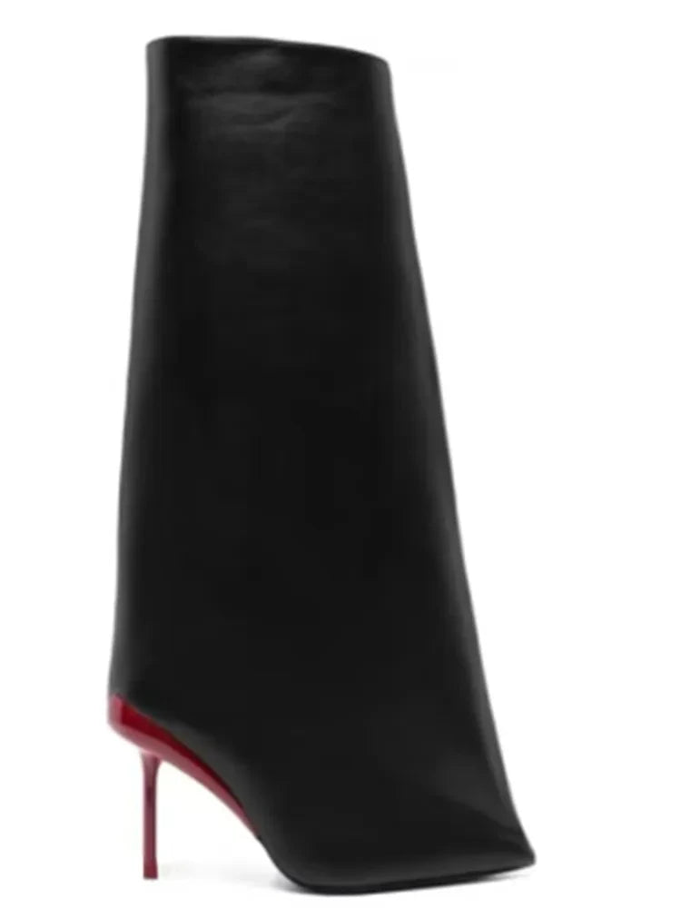 Autumn/Winter New Party High Heel Knee Length Women's Boots Fashion Genuine Leather Sleeve Medium Sleeve Women's Boots Red Heel PU