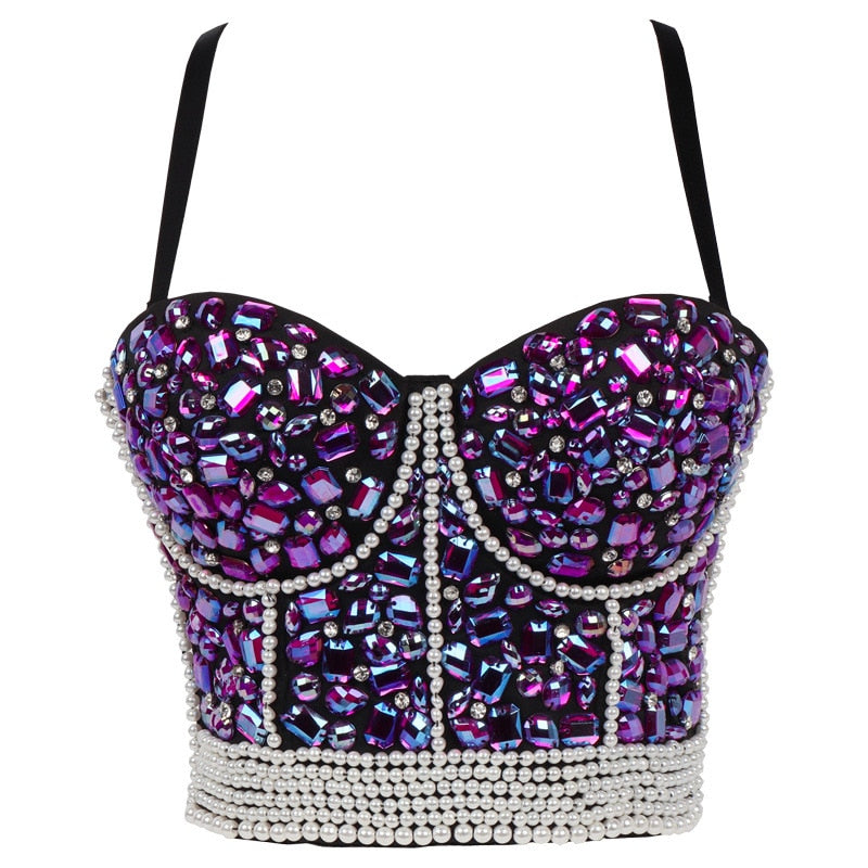 Women Tank Tops Luxury Sequined Rhinestone Pearl Wedding Push Up Bra Woman Clothes Camis Stage Ladies Crop Top Corset y2k Blusas