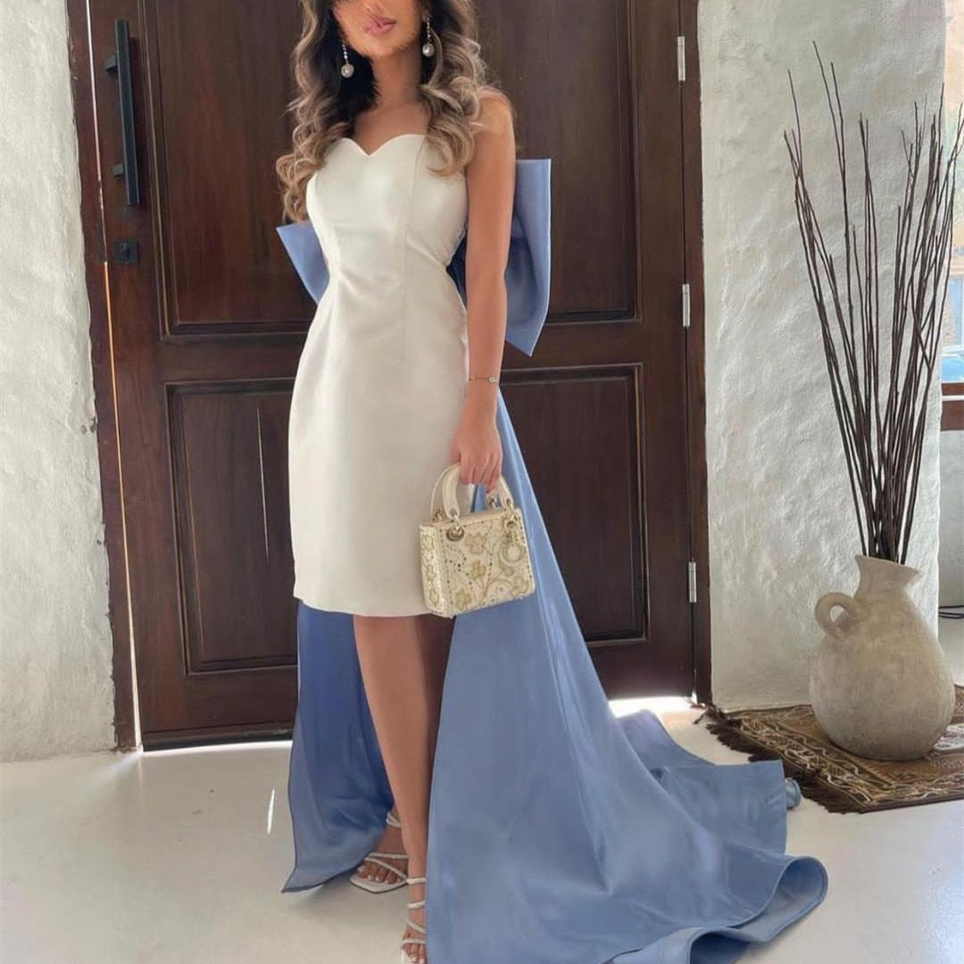 Women's White Satin Evening Dresses with Bow Train فساتين السهرة Sweetheart Mermaid Cocktail Hoco Dress for Musilm vestidos Beige
