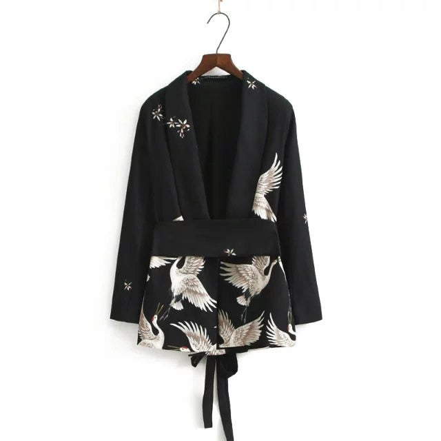 Spring/Autumn Women Vintage Clothing Set Printed Blazer Wide Leg Retro Pant Female Bird Outfit Suits Women's Office Lady