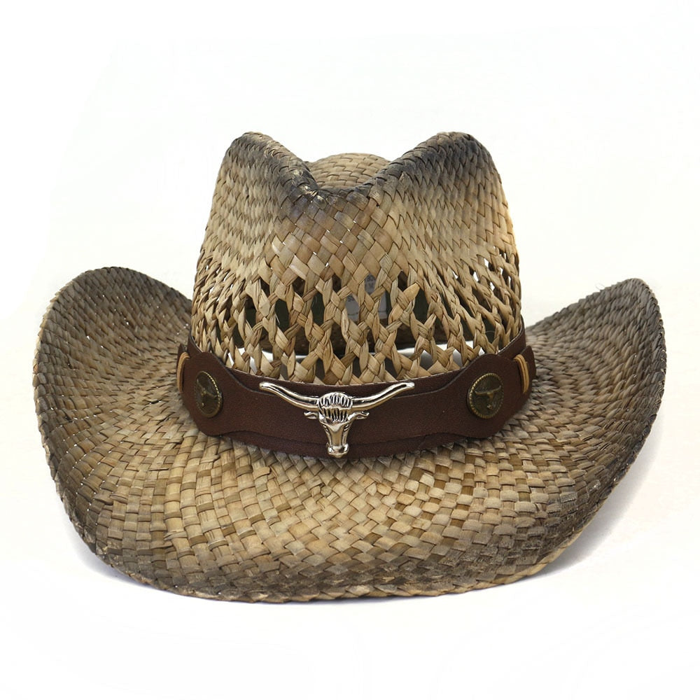 Cowboy hat fashion hollow handmade cowboy straw hat men's summer outdoor travel beach hat unisex solid color western cowboy hat 20 M55-58cm