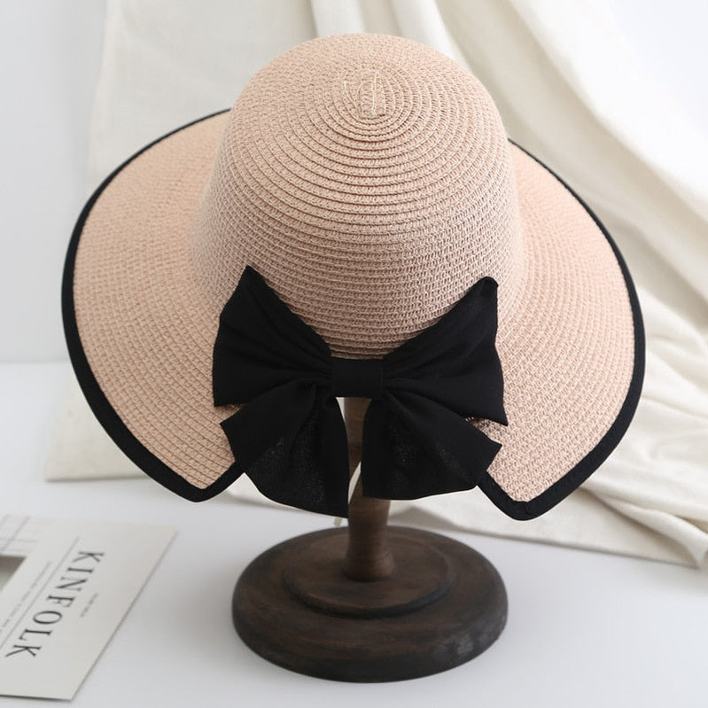 Women's Beach Panama Summer Hat Travel casual bowknot Straw Hat Fashion Beach Holiday ladies sun bucket Hat Pink 56-58 cm
