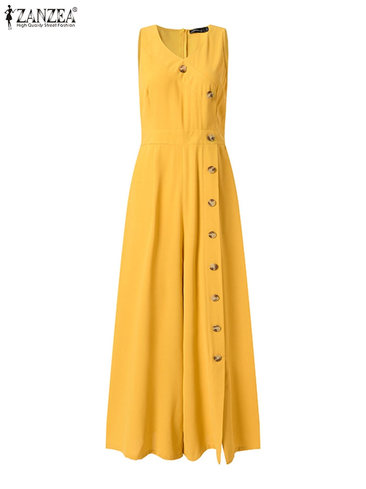 ZANZEA 2023 Fashion Wide Leg Pant Long Rompers Sexy V Neck Jumpsuits Casual Summer Sleeveless Waisted Buttons Split Playsuits
