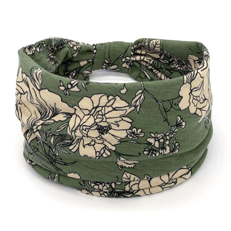 Fashion Print Knoted Elastic Yoga Sport Casual Headbands Hair Accessories for Women Boho Stretch Turban Head Wrap Wide Hairband Army Green