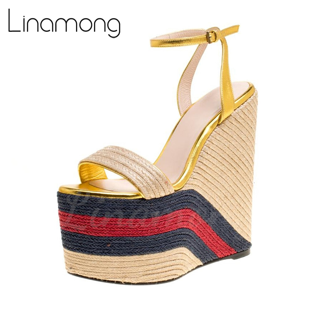 Metallic Gold Leather Espadrille Wedge Sandals Platform Ankle Strap Summer Sandals Color Block Round Toe Super High Heel Sandals