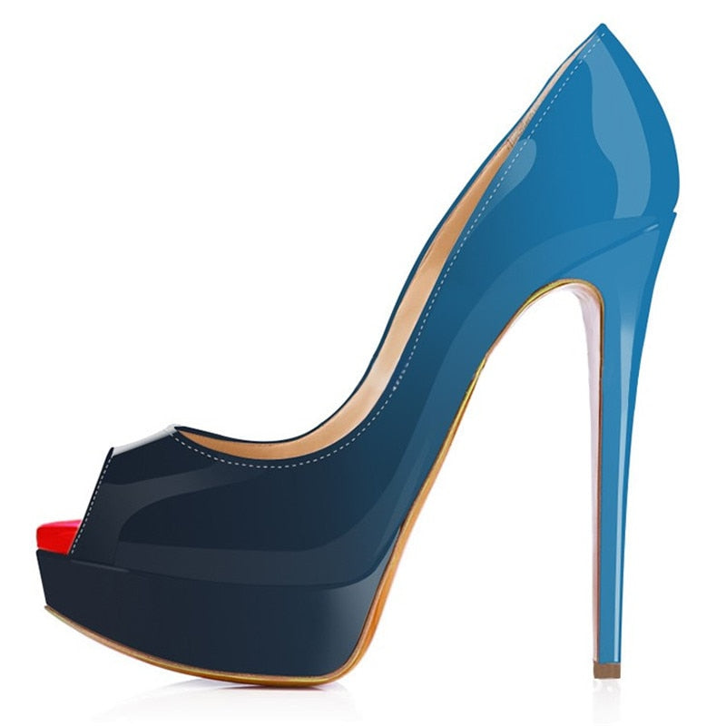 Women Pumps Sexy Platform Peep Toe 14cm Extremely High Heels Woman Patent Leather Nighclub Red Wedding Shoes Gradient Stiletto
