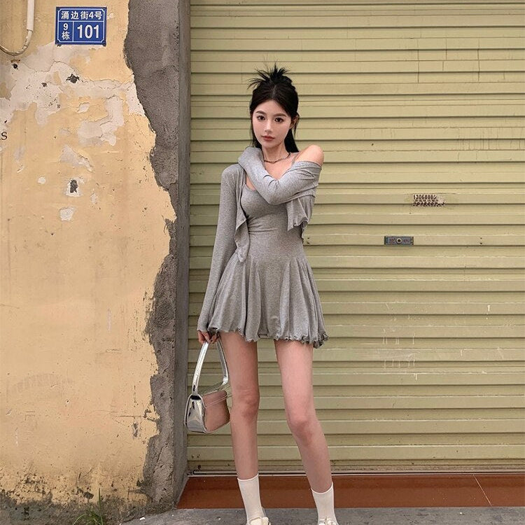 Fall Women Vacation Outfits 2 Piece Dress Set Solid Color Long Sleeve Cardigan Top + 2000s Aesthetic Mini Gyaru Pleated Dresses