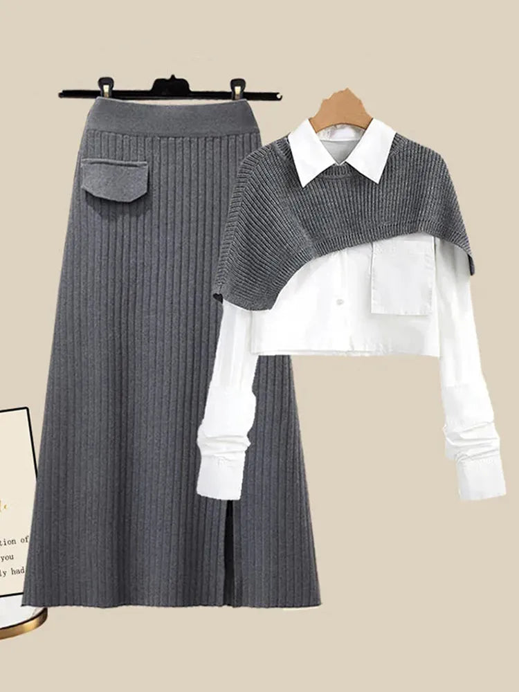 Spring Autumn Large Size Women's Shawl Shirt Three-piece Set+High Waist Knitting Half-body Skirt Set Women Fashion 3 Piece Set 3-piece set