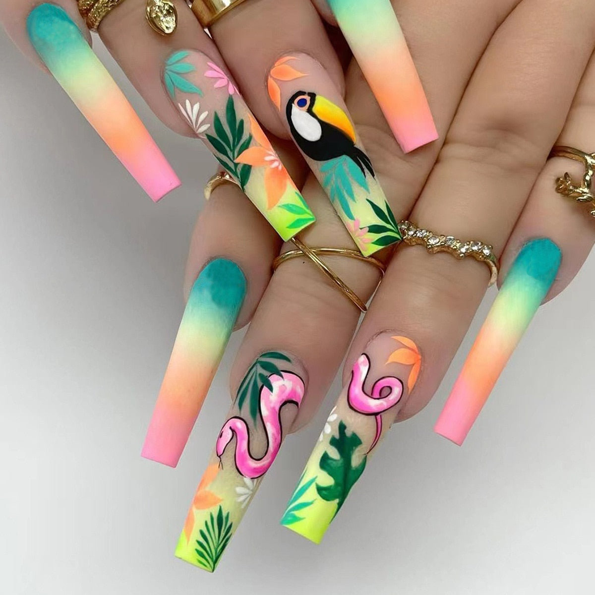 24pcs/set fake nails accessories Spring summer brids snake leaf designs long french coffin tips faux ongles press on false nail