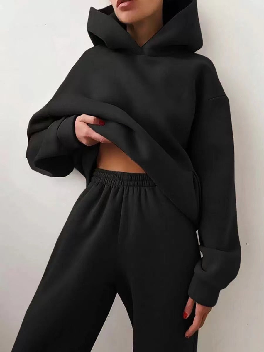 Winter Women Two Piece Sets Tracksuit Autumn Casual Solid Long Sleeve Hoodie Sweatshirts Female Oversized Trouser Pant Suit Black