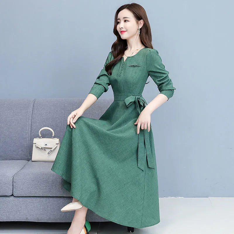 V-neck Elegant Fashion Long Sleeve Button Elastic Waist Belt Dress Comfortable Simple Solid Color Autumn Women's Clothing Green