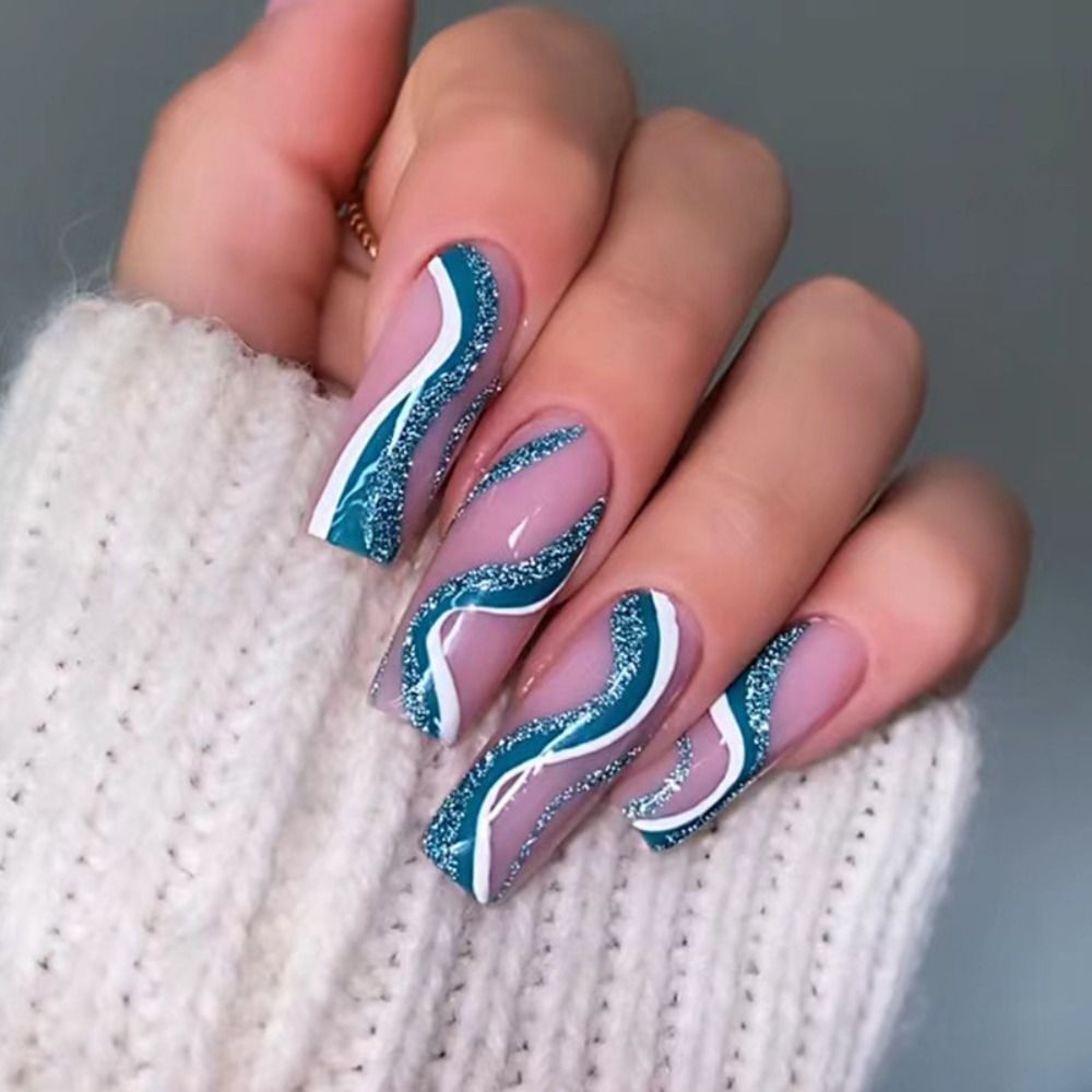 French Ballet False Nails With Gold Foil Glitter Designs Wearable Long Coffin Ballerina Press On Fake Nails Full Cover Nail Tips