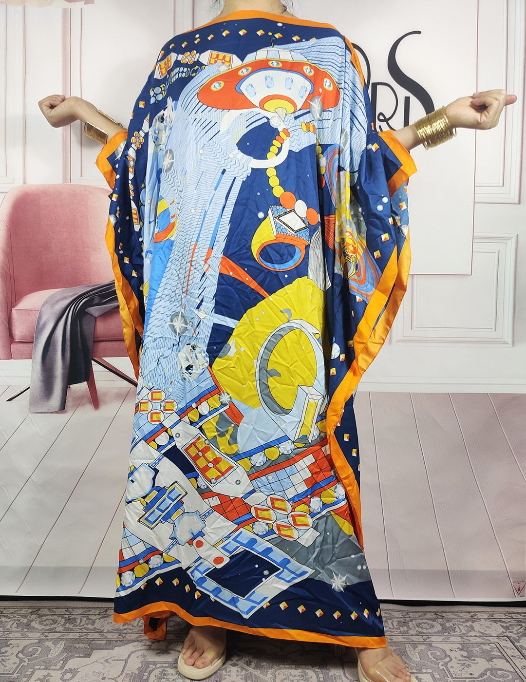 Kuwait Fashion - 2023 Summer Boho Loose Silk Kaftan Maxi Dress Oversized African Muslim Lady Abaya color 2 One Size