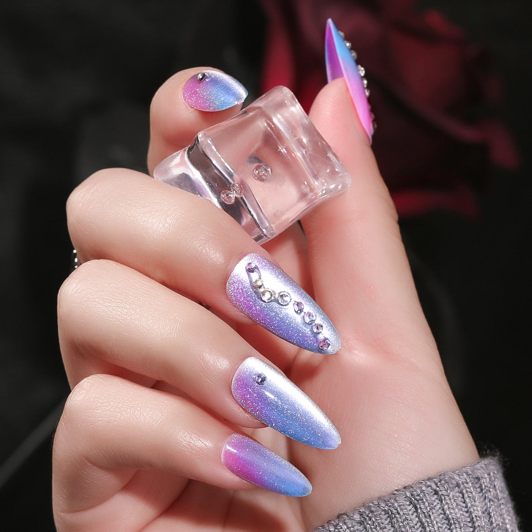 CNHIDS 24Pcs Charming Sparkling Purple Long Coffin False Nail Press On Nail Tips Girl Decoration Crystal Fake Nail With Design 29
