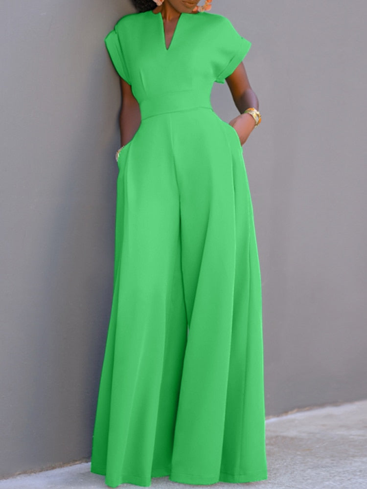 Summer Holiday Overalls Casual Elegant Playsuit Women Short Sleeve Long Rompers Commuting Wide Leg Pants Jumpsuits