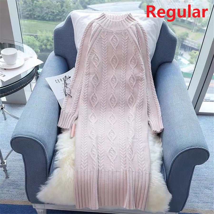 Winter Thicken Plus Velvet Sweater Dress Women's Fall Mock Neck Rib Knit Bottoming Dresses Elegant Warm Vestido Midi With Coats