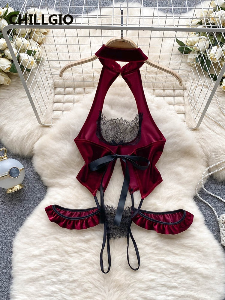 Women Cheongsam Velour Bodysuit Retro Backless Hollow Combination Catsuits Fashion One Piece Sexy Erotic Halter Rompers