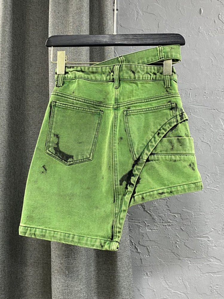 Fashion Women's Personalized Double Waist Design Green A-line Denim Skirt Asymmetric Hot Girl Short Skirts 2023