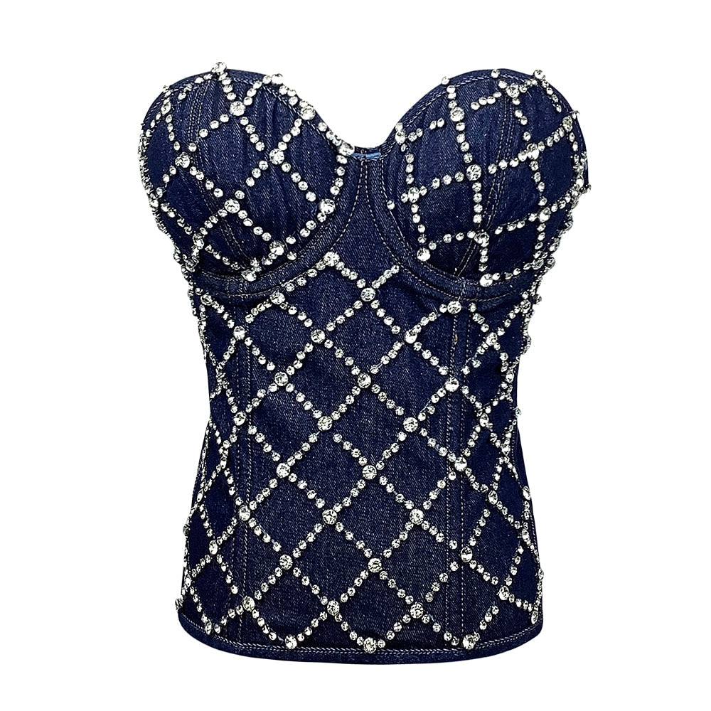 New Women Sexy Fashion Crop Top Diamond Flower Strapless Vest Bustier Bra Night Club Party Tank Top Female Gold
