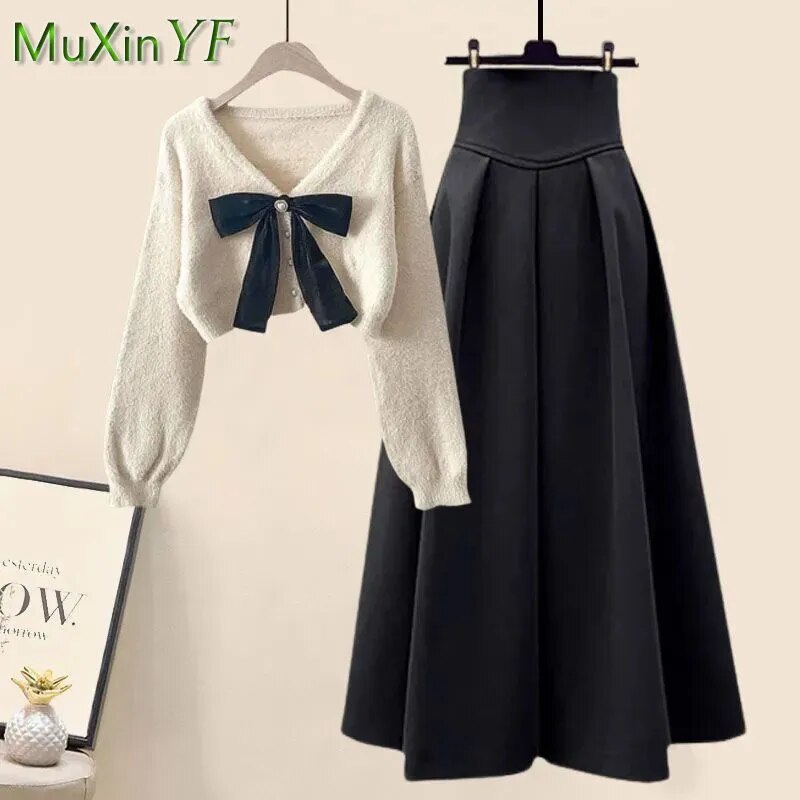 Spring Autumn in Matching Sets Women's Fashion Slim Bow Sweater+High Waist Skirt Two-piece Set Korean Chic Dress Suit