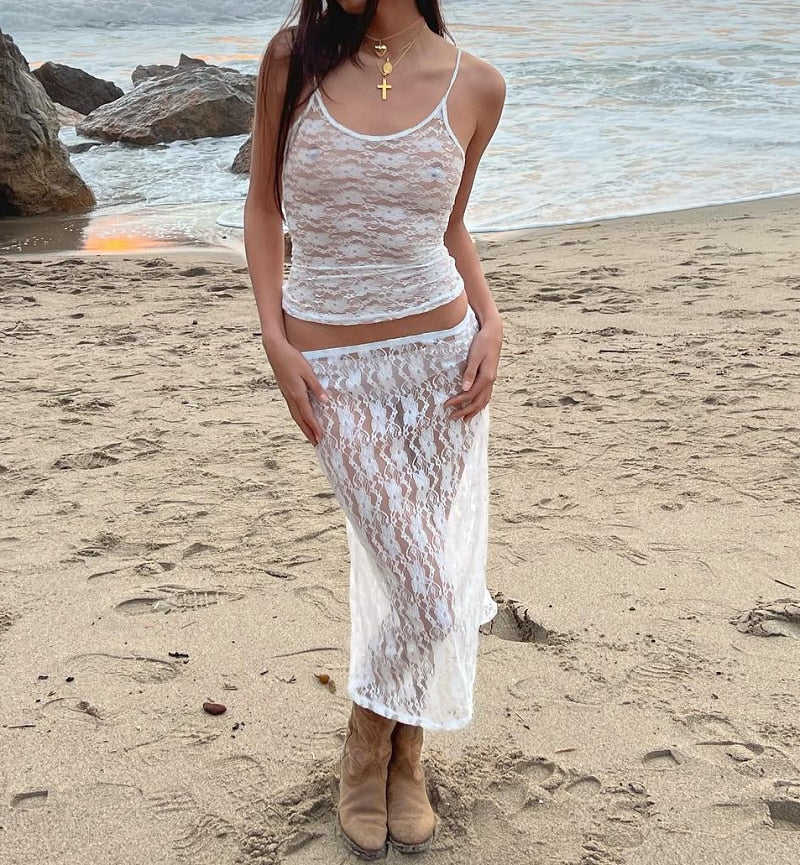 Women y2k Skirt Sets Suit 2Pcs Suit Lace Flower See Through Sleeveless Camisole + Wrapped Midi Skirt Summer Beach Outfits