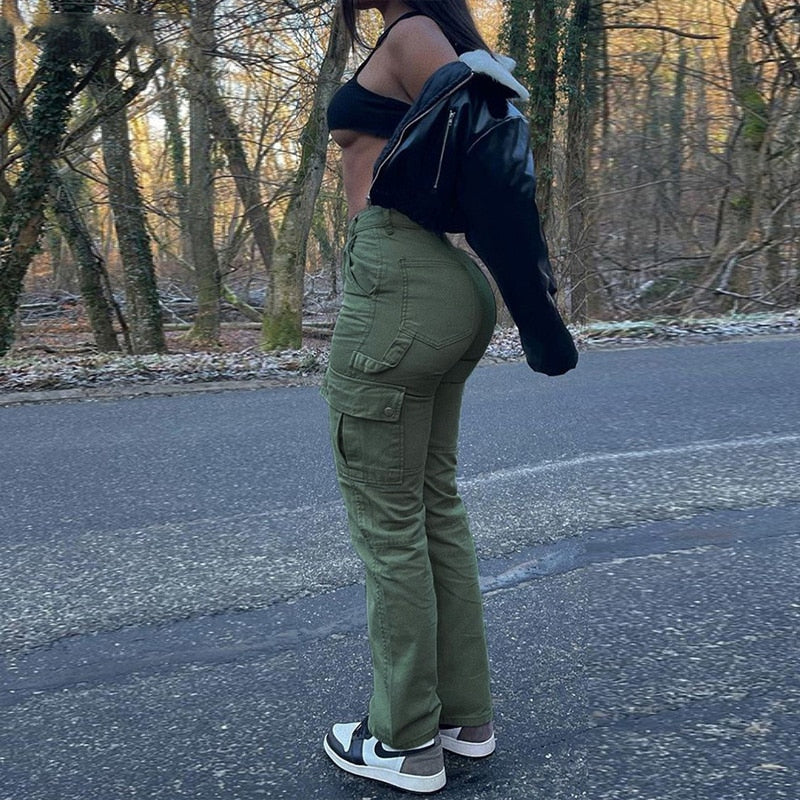 Women Straight Leg Cargo Pants High Waist Pockets Casual Baggy Pants Y2K Denim Drawstring Streetwear Stretch Joggers Trousers