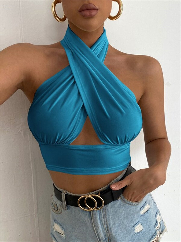 Women Summer Tank Tops Sexy Solid Color Cross Halter Neck Push Up Hollow Crop Tops High Street Wear 2023 New Fashion Blue