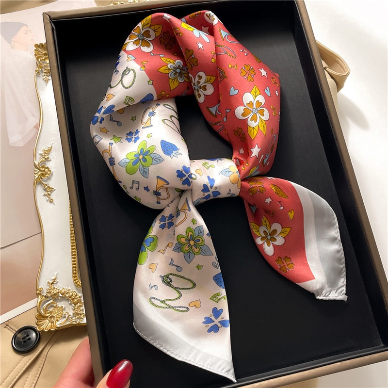 Fashion Hair Scarf for Women Decor Headband Ribbon Satin Silk Square Scarves Lady Wrist Wrap Shawls Design Bandana Foulard FJ713-3