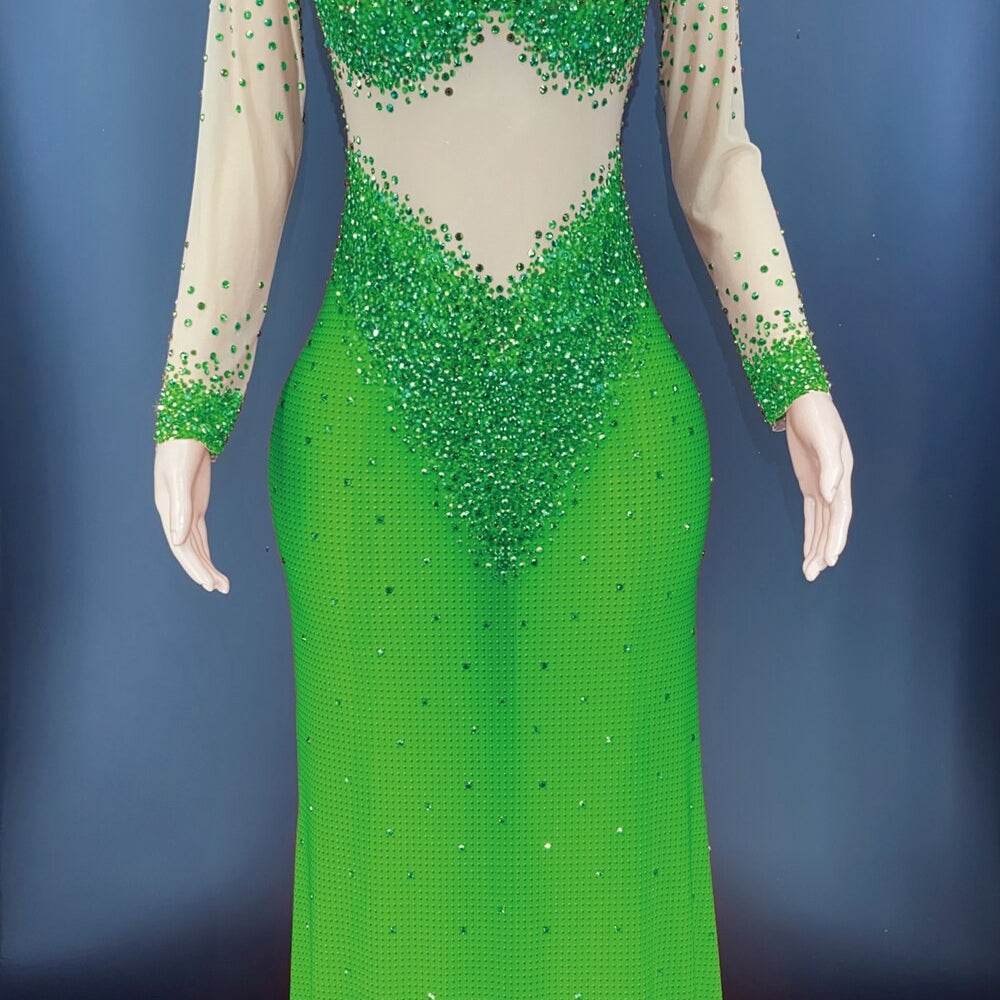 Sparkly Rhinestones Long Sleeves Mesh Transparent Dress Birthday Celebrate Gown Outfit Women Sexy Evening Prom Party Dress Green
