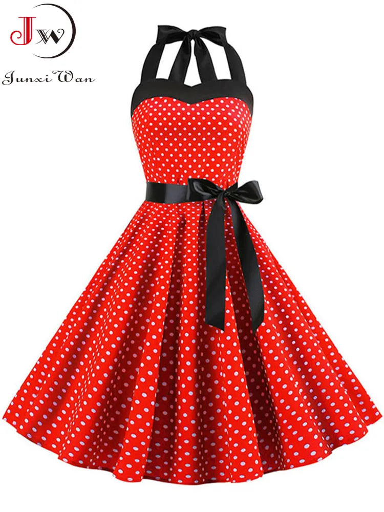 Polka Dot Dress Women Vintage Swing Halter Belt 50s 60s Rockabilly Prom Party Dresses Retro Feminino Vestidos