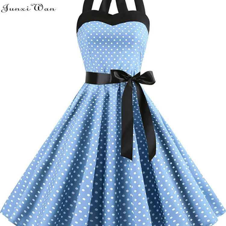 Polka Dot Dress Women Vintage Swing Halter Belt 50s 60s Rockabilly Prom Party Dresses Retro Feminino Vestidos