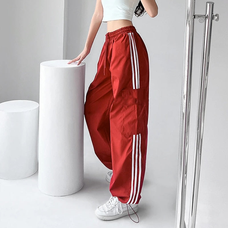 MEXZT Striped Sweatpants Women Hip Hop Streetwear Baggy Wide Leg Cargo Pants Bf Y2K High Waist Drawstring Joggers Trousers Red