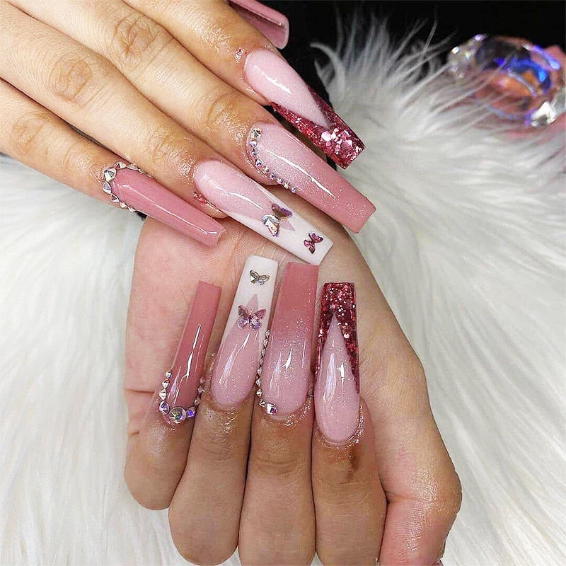 Acrylic Fake Nails Wearable Long Sharp Nail Broken Diamond Butterfly Dot Diamond Full Cover Nail Tips Set Press On Nails New LT-37