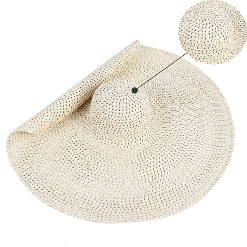 Summer 70cm Large Wide Brim Sun Hats For Women Oversized Beach Hat Foldable Travel Straw Hat Lady UV Protection Sun Shade Hat hollow beige 54-57cm
