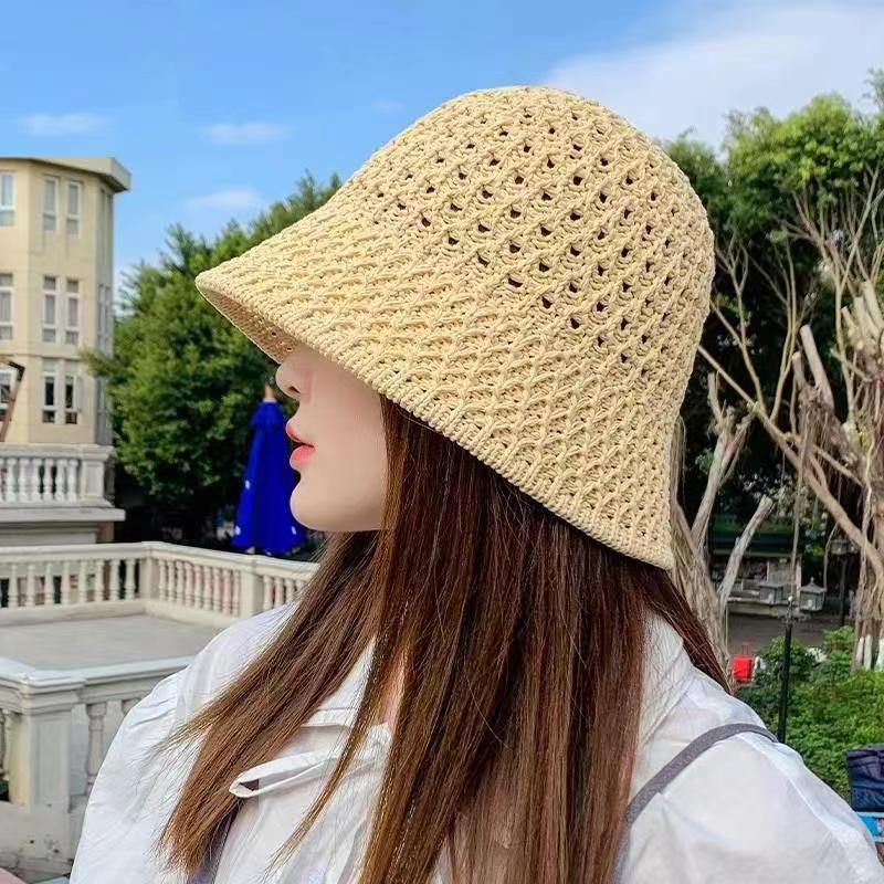 Sunscreen Hat Women's Net Red ins Korean Bucket Hat Hollow out Fisherman Basin Hat Outdoor Knitted Sun Shield Hat 7 55-58CM