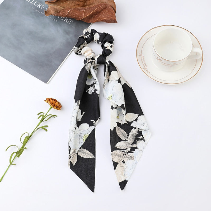 Fashion Print Chiffon Long Ribbon Scrunchies Women Girls Ponytail Scarf Elastic Hair Bands Ties Hair Accessories Wholesale 3