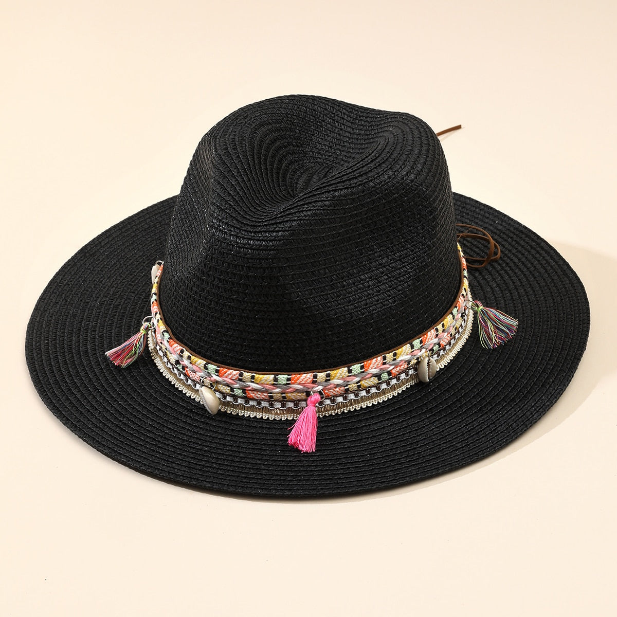 Women Pink Tassel Cowboy Hat Floppy Beach Hats Summer Straw Hats Ladies UV Protection Hat Panama Sun Hat black 1