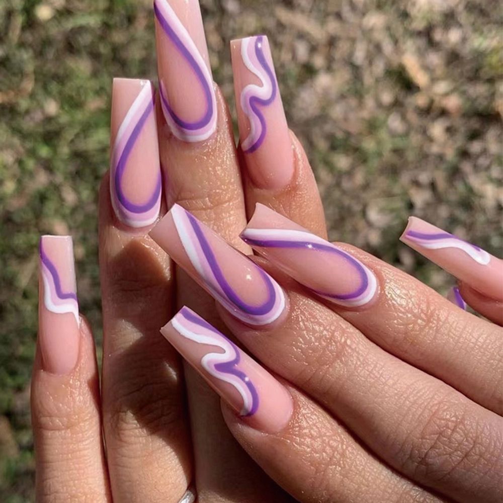 French Ballet False Nails With Gold Foil Glitter Designs Wearable Long Coffin Ballerina Press On Fake Nails Full Cover Nail Tips