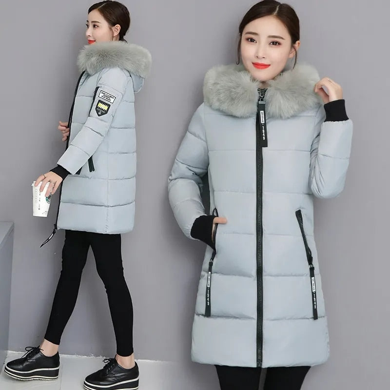 Fashion Fur Collar Hooded Down Cotton Coat Womens Winter Parkas Jacket Long Warm Padded Puffer Parkas Snow Wear Outwear Female Gray