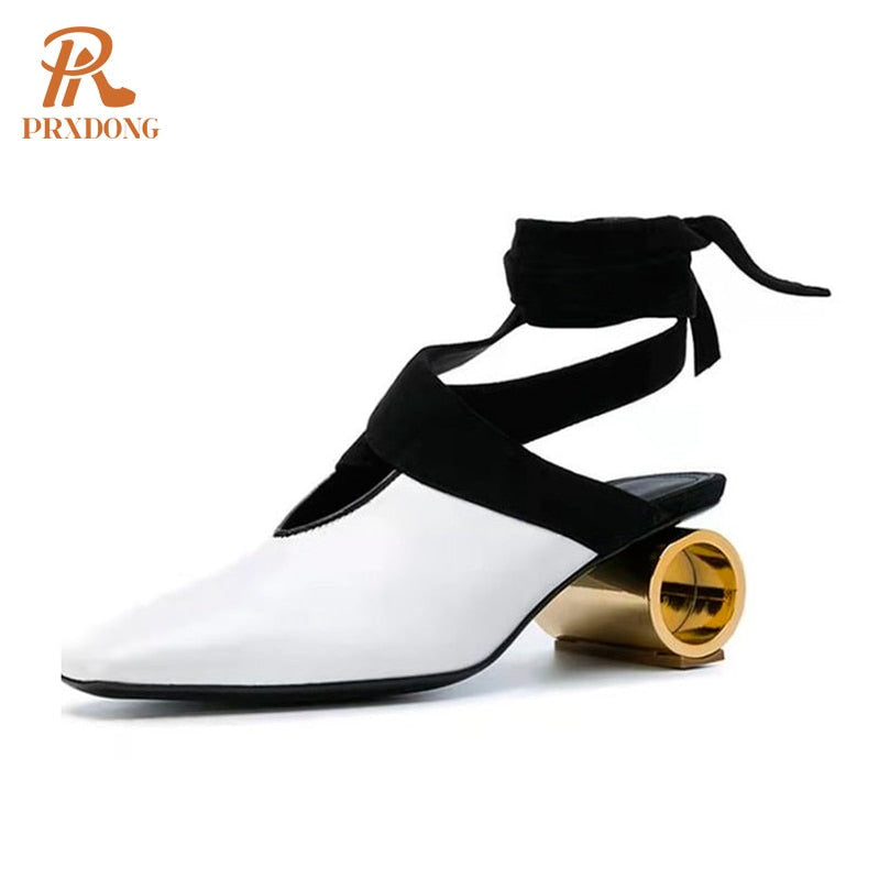 Classics Cross-tied Women's Pumps Genuine Leather Round Toe Platform Med Heels Retro Dress Party Casual Lady Shoes Footwear 42