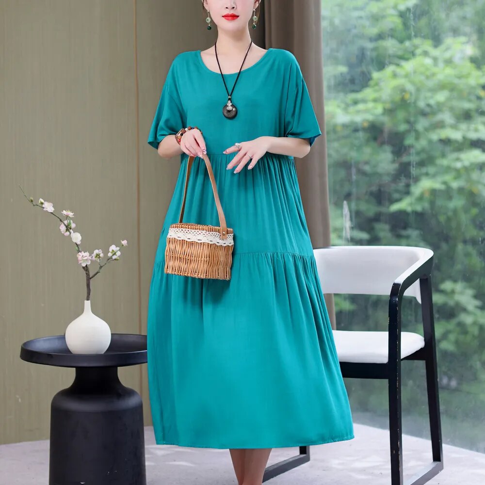 New Fashion Causal Summer Dresses For Women Loose Solid Long O-neck Dress Vintage Short Sleeve Womens Clothing Light Blue