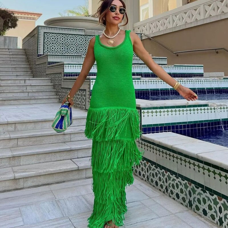 Fringing Slip Dress Summer Dresses For Women Backless Sleeveless Casual Long One-Piece Dress Elegant Prom Party Dress