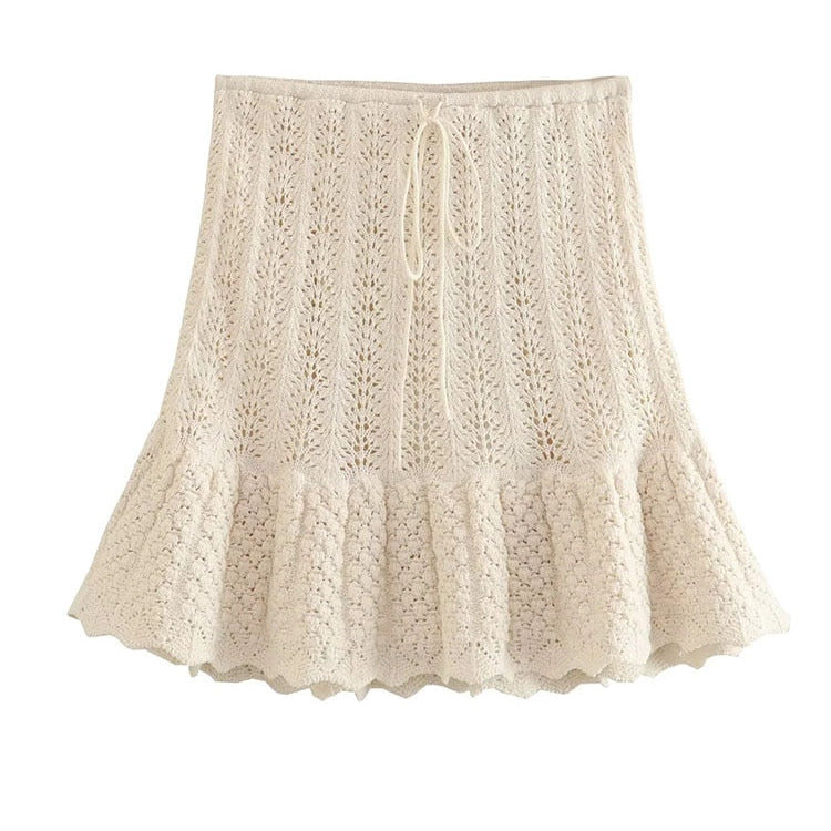 Y2K Hollow Out Knitted Women Summer 2 Piece Sets Thin Sleeveless Crop Top Female Ruffles Mini Skirt Suits