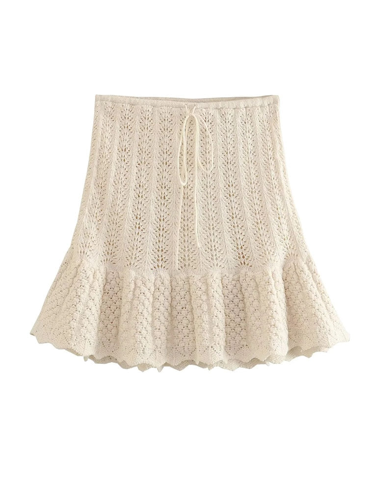 Y2K Hollow Out Knitted Women Summer 2 Piece Sets Thin Sleeveless Crop Top Female Ruffles Mini Skirt Suits